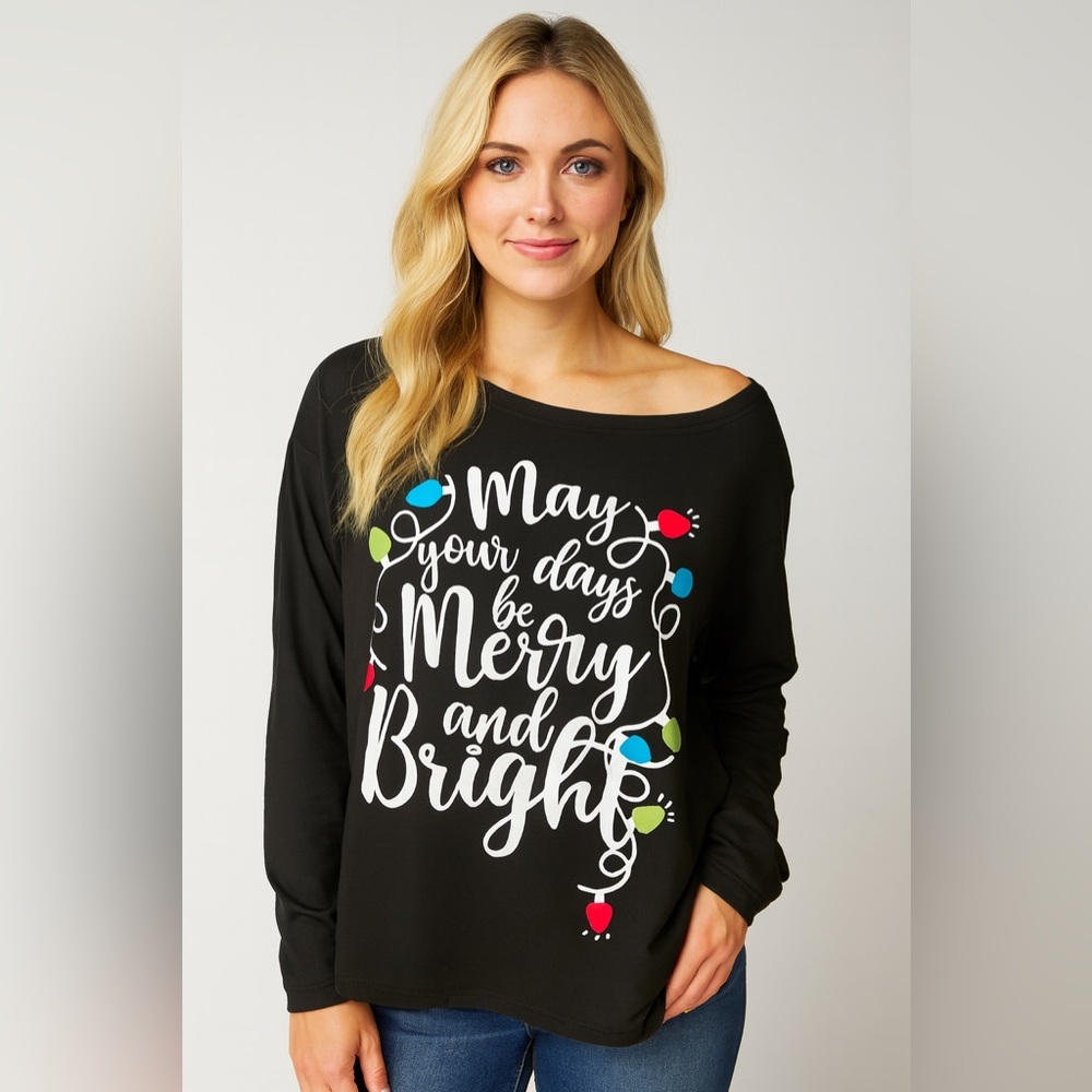 Black Festive Tee with Colorful Lights May Your Days Be Merry And Bright